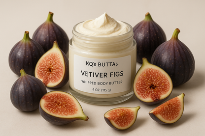 KQ's BUTTAs Vetiver Figs Whipped Body Butter 4 oz cosmetic jar surrounded by Vetiver figs