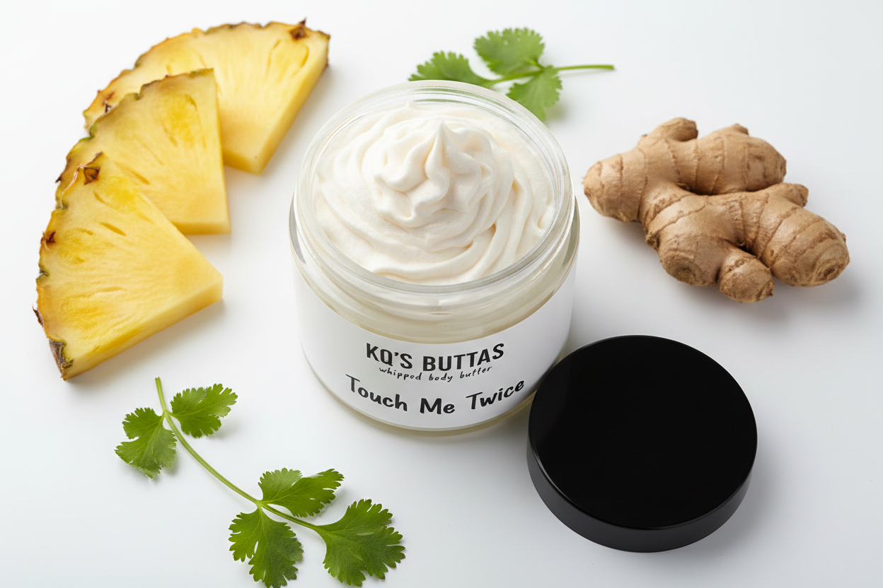 KQ's Buttas whipped body butta Touch Me Twice 4 oz open cosmetic jar surrounded by pineapple, ginger and cilantro