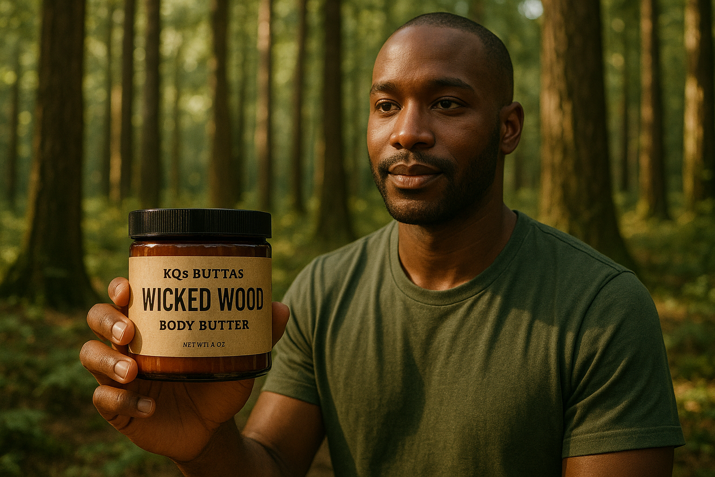 KQ's BUTTAs Wicked Wood Body Butter in a 4oz jar in the woods with a brown skinned man 