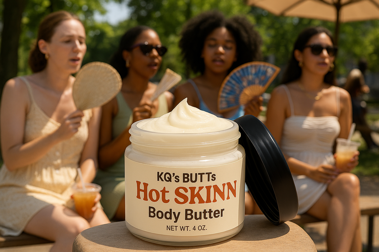 KQ's BUTTs Hot SKINN Body Butter 4oz jar open lid minority people sitting outside trying to cool down yet look cute vibes