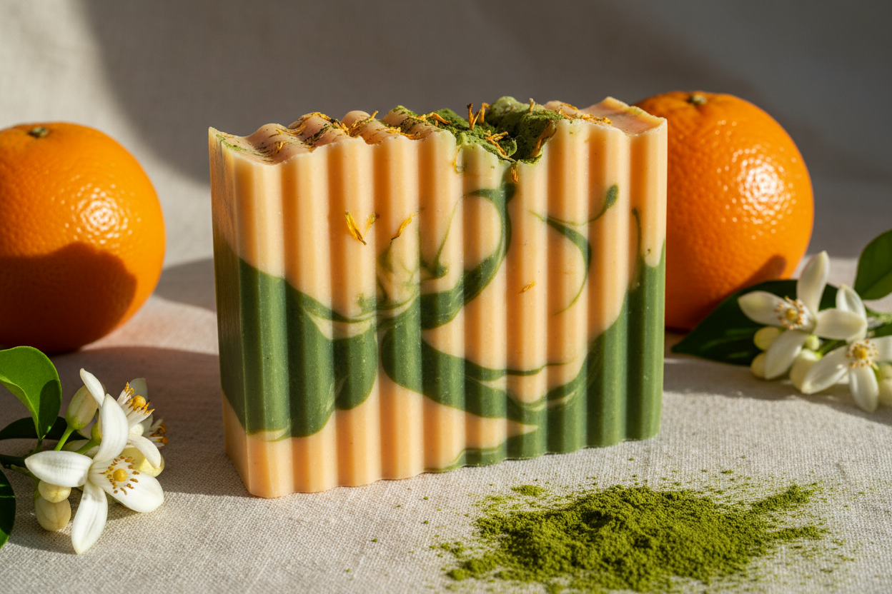 orange blossom and matcha massage soap bar with high ridges surrounded by matcha and oranges.